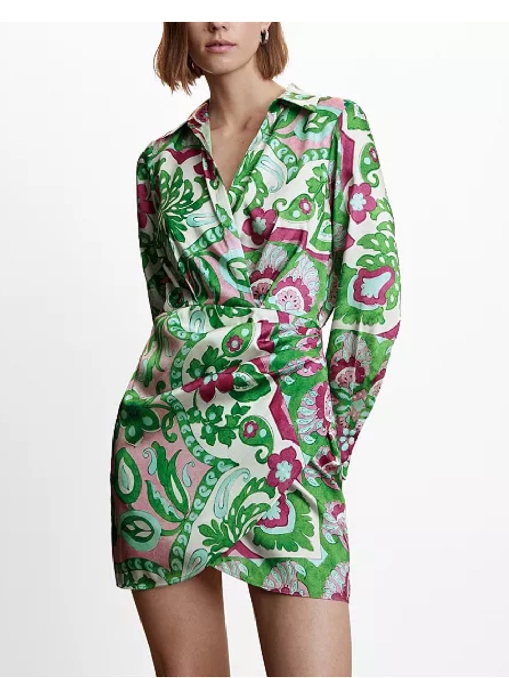 Mango Green & Pink Paisley Wrap Dress